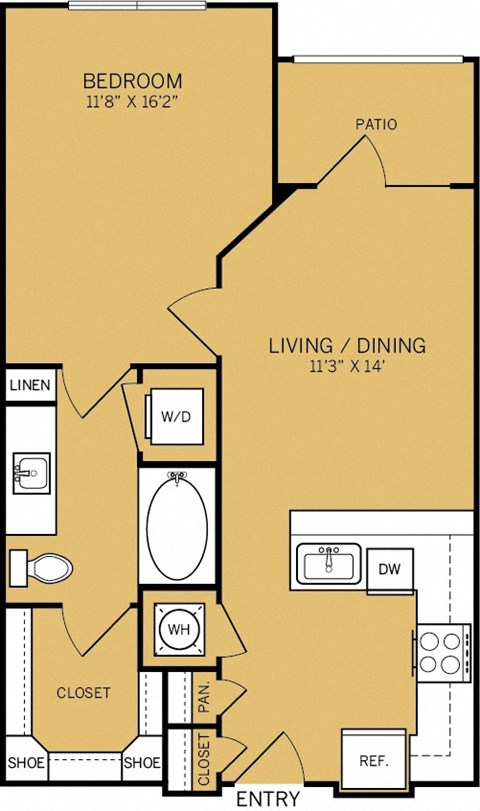 Floor plan for 1 bed, 1 bath, 670 sqft